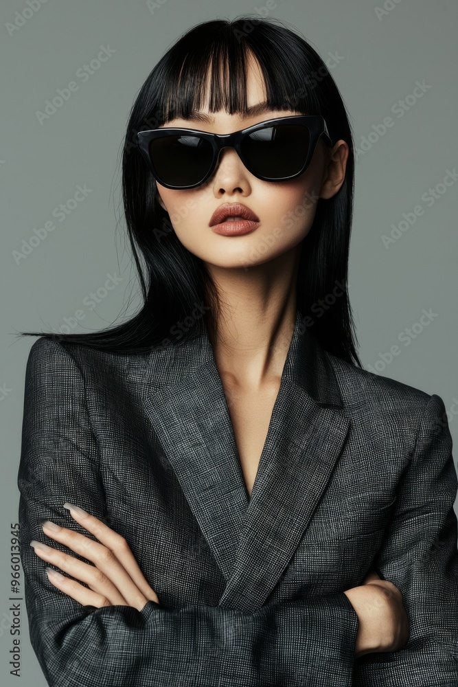 In front of a gray background, a businesswoman in black with sunglasses and a gold chain poses confidently In front of a gray background, a businesswoman in black with sunglasses and a gold chain poses confidently