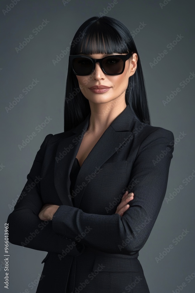 An attractive business woman poses confidently against a gray background wearing a black suit, sunglasses, and a gold chain An attractive business woman poses confidently against a gray background wearing a black suit, sunglasses, and a gold chain
