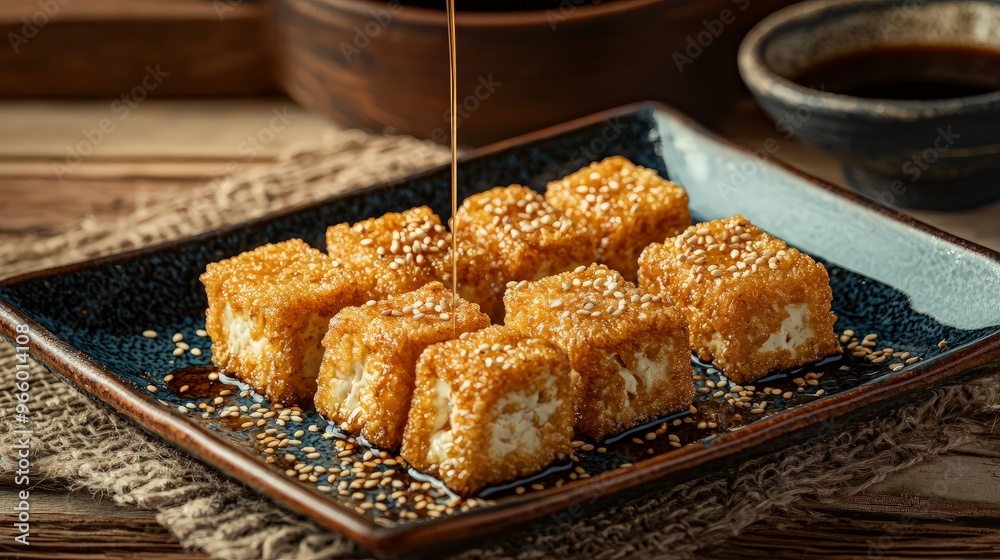Fried Tofu with Sesame Seeds and Drizzle of Sauce Fried Tofu with Sesame Seeds and Drizzle of Sauce