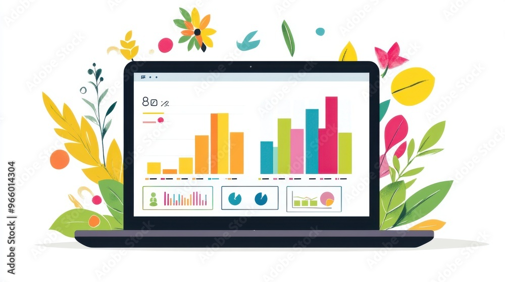 Modern notebook screen displaying vibrant analytics and visitor Modern notebook screen displaying vibrant analytics and visitor