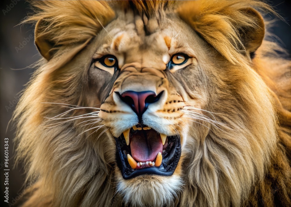 Fototapeta premium A Detailed Close Up Of A Roaring Lion'S Face Showing Its Sharp Teeth And Mane