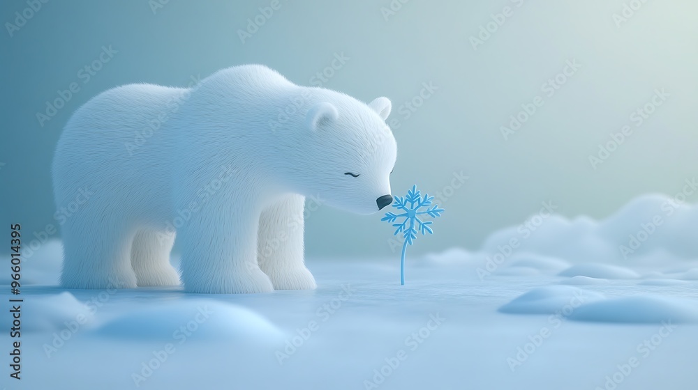 Fototapeta premium Serene Arctic White Polar Bear with Blue Snowflake in Minimalist Cinematic Scene