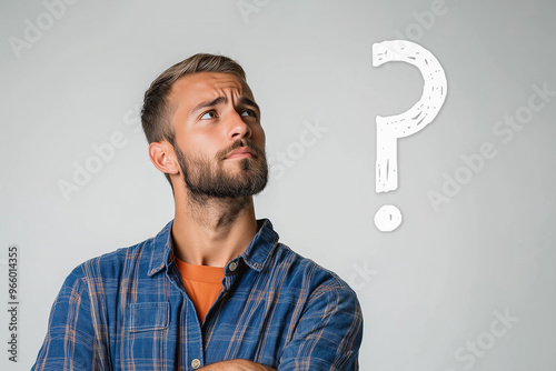 A thoughtful man with a question symbol next to him, symbolizing reflection, problem-solving, and facing challenges. For question or problem concepts.