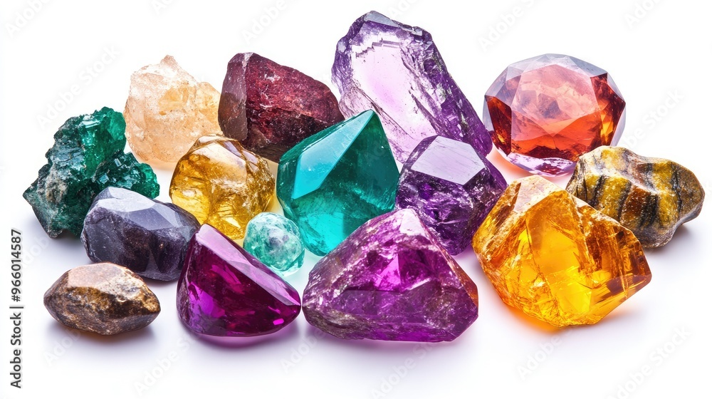 A spread of dazzling gemstones, each one glowing brightly, isolated on a white background. A spread of dazzling gemstones, each one glowing brightly, isolated on a white background.