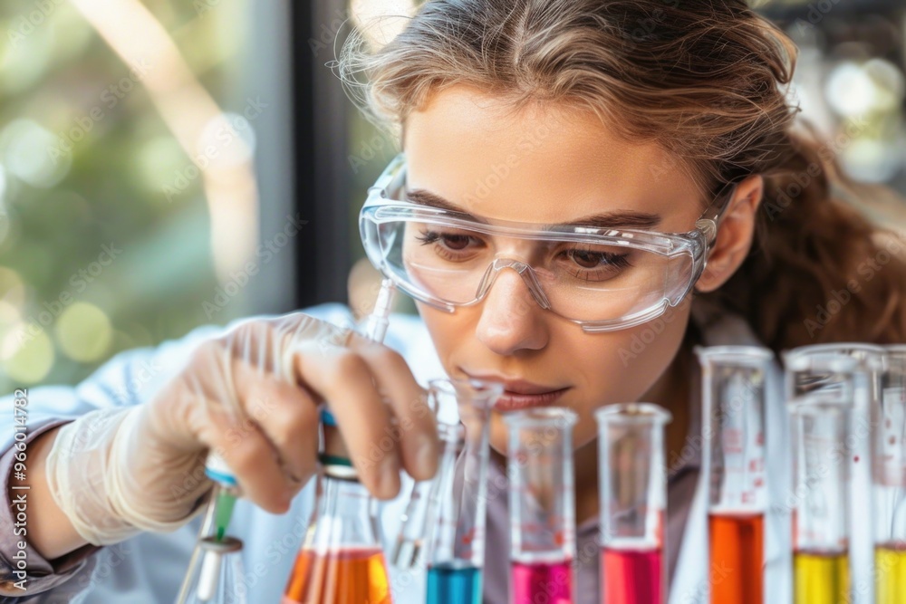 A woman in a lab coat and safety glasses carefully pours liquid from a flask into a test tube, surrounded by a row of colorful vials A woman in a lab coat and safety glasses carefully pours liquid from a flask into a test tube, surrounded by a row of colorful vials