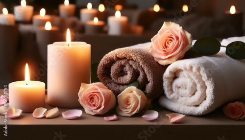  Relaxing spa setting with candles, roses, and towels. Soft lighting creates a warm and inviting atmosphere