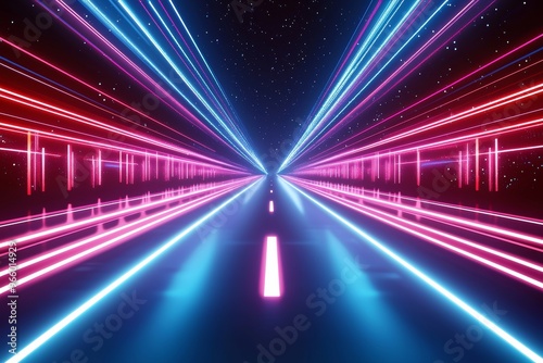 Data transfer concept with abstract futuristic background with pink blue glowing neon wave lines and bokeh lights.