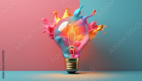 Creative light bulb with colorful paint splashes on a split background. Conceptual image representing innovation and imagination.