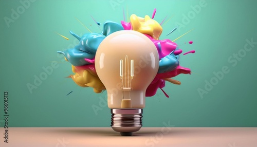 Creative light bulb with colorful paint splashes on a turquoise background, symbolizing innovation, creativity, and bright ideas. photo