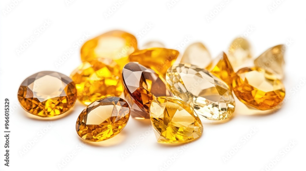 A variety of yellow sapphire gemstones, isolated on white, showing off their sparkling clarity.