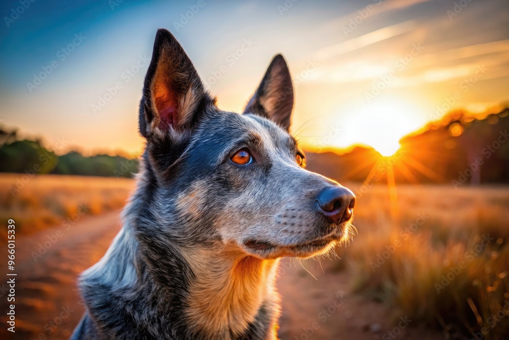 A dusty blue heeler dog stands alertly in a sun-drenched Australian outback landscape, ears perked, eyes fixed intently on something in the distance. A dusty blue heeler dog stands alertly in a sun-drenched Australian outback landscape, ears perked, eyes fixed intently on something in the distance.