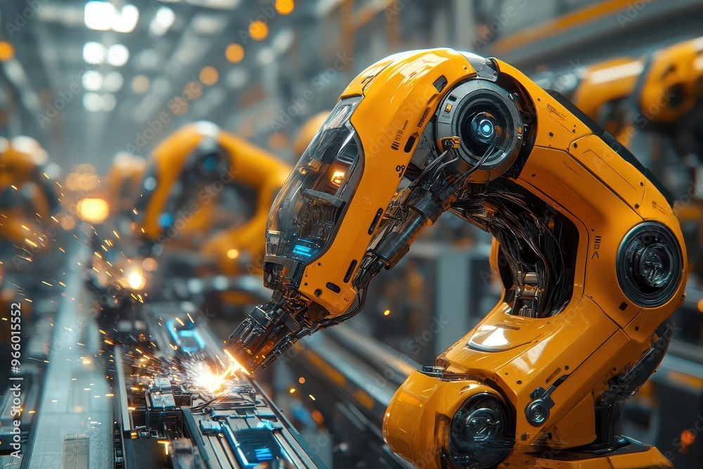 industrial revolution 40 advanced robots working independently in hightech factory dramatic welding sparks illuminate futuristic manufacturing scene