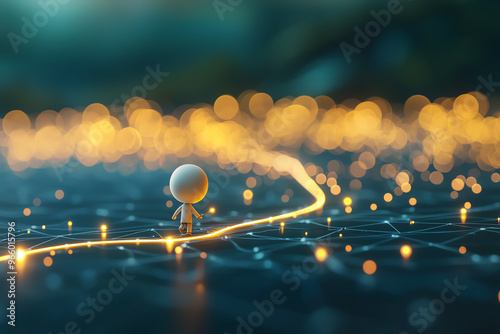 A whimsical figure stands on a glowing path, surrounded by twinkling lights, inviting exploration and creativity in a mystical setting.