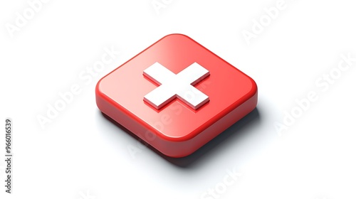 Dynamic 3D Rendering of Red Square Cross Icon in Isometric View on White Background - High Resolution Photography