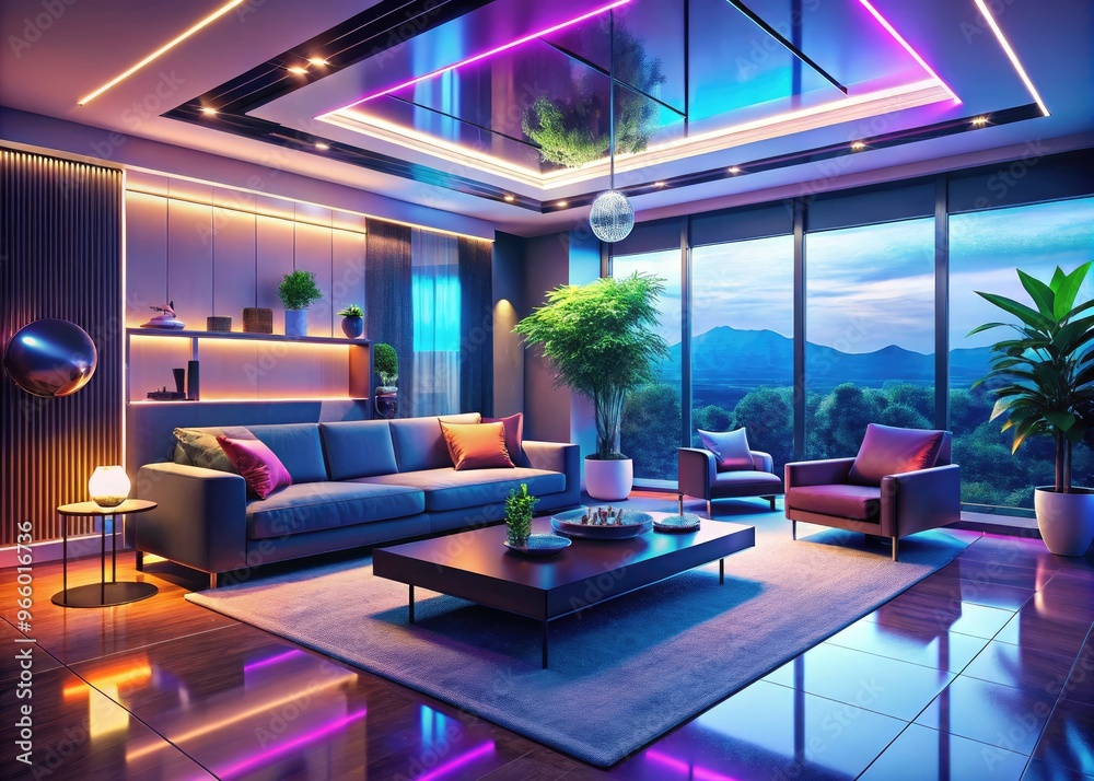 A futuristic 3D rendering of a sleek, modern living room designed with AI-generated imagery, showcasing vibrant colors and minimalist decor in a stylish, high-tech environment. A futuristic 3D rendering of a sleek, modern living room designed with AI-generated imagery, showcasing vibrant colors and minimalist decor in a stylish, high-tech environment.