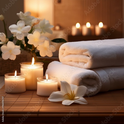 Spa treatment room with candles, flowers, and towels