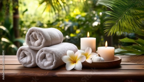 Spa treatment set with towels, candles and flowers on wooden table in tropical garden