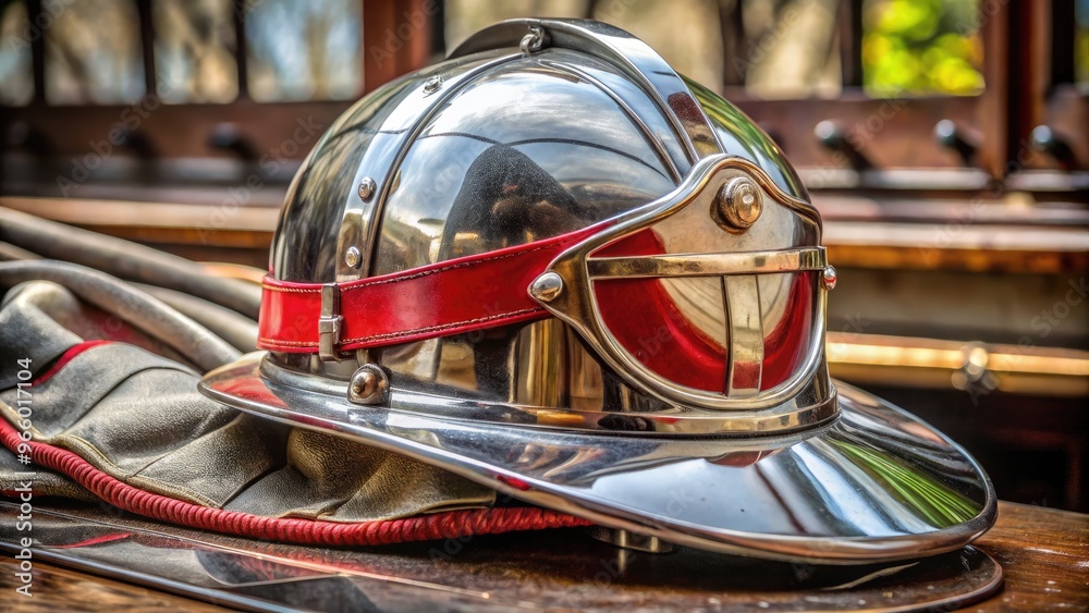 Fototapeta premium A gleaming silver helmet with a black visor and bold, red stripe sits atop a worn, leather-bound fire helmet with brass insignia.