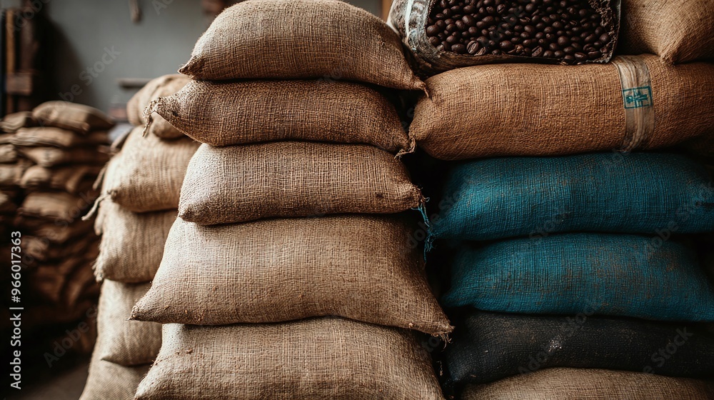 coffee business featuring a stack of sacks in industrial storage, emphasizing product quality and freshness in the supply chain coffee business featuring a stack of sacks in industrial storage, emphasizing product quality and freshness in the supply chain
