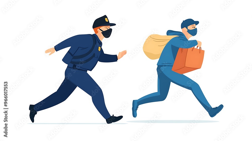 Chasing Thief - Vector Illustration of Police Officer Running After Criminal Clip Art on White Background Chasing Thief - Vector Illustration of Police Officer Running After Criminal Clip Art on White Background