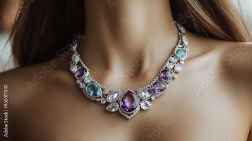 An elegant woman wears a necklace made of silver, amethyst, aquamarine, and white gemstones, perfectly capturing sophistication and style.