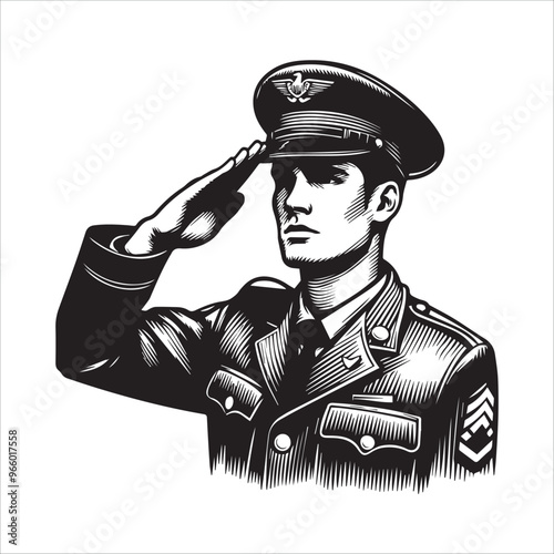 Young adult in military uniform salutes vector illustation silhouette