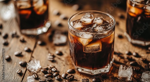 Refreshing cold beverage with ice cubes and coffee beans on a rustic wooden s...