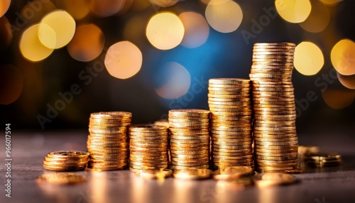 Stacks of gold coins with bokeh lights in the background.