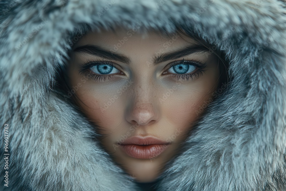 intense closeup of fierce woman warrior in wolf fur hood piercing eyes and determined expression convey strength and primal energy against a dark atmospheric background intense closeup of fierce woman warrior in wolf fur hood piercing eyes and determined expression convey strength and primal energy against a dark atmospheric background