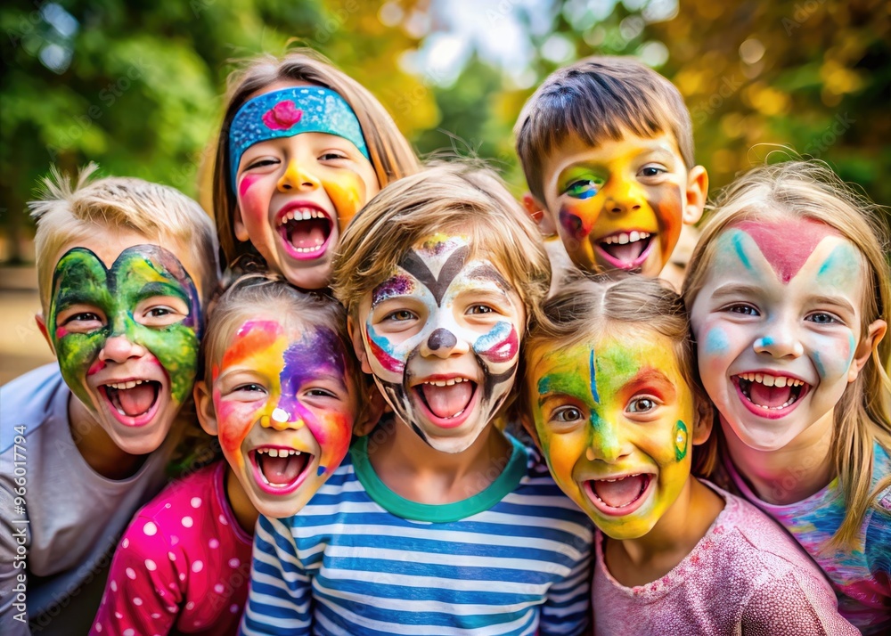 Obraz premium A Group Of Children Happily Show Off Their Colorful And Imaginative Face Paintings, Capturing The Joy And Creativity Of The Occasion.