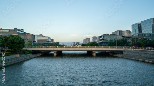 Serene Urban Sunset: A Scenic View of a Bridge Over Calm Waters