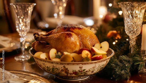 A festive table setting featuring a roasted turkey with fresh fruits during a...