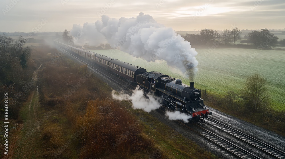 Fototapeta premium Steam Train in a Misty Field