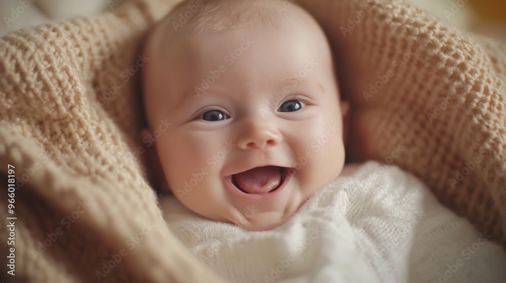 Joyful Newborn Baby Wrapped in Cozy Blanket Smiling CloseUp for Baby Announcements and Nursery Decor Joyful Newborn Baby Wrapped in Cozy Blanket Smiling CloseUp for Baby Announcements and Nursery Decor