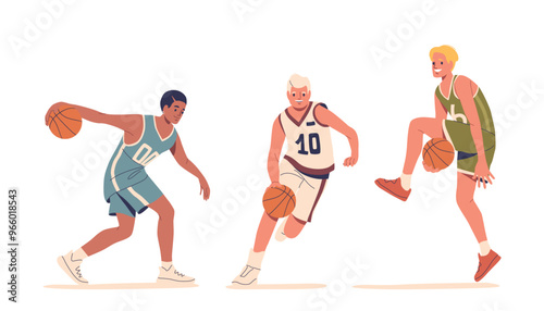 Group Of Basketball Players Captured In Dynamic Poses, Cartoon Vector Image Features Intense Action, With Players