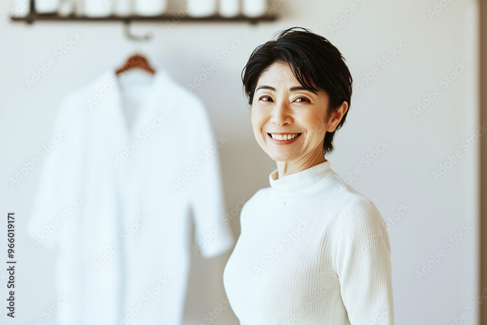 Waist-length portrait of a mature woman with short black hair, wearing a white turtleneck sweater, smiling confidently in a bright indoor setting with a soft background Waist-length portrait of a mature woman with short black hair, wearing a white turtleneck sweater, smiling confidently in a bright indoor setting with a soft background