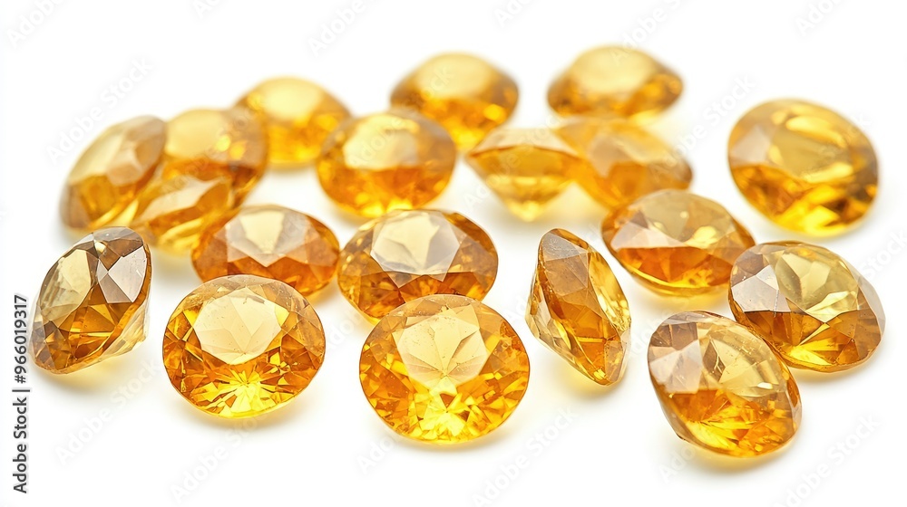 Brilliant yellow sapphires arranged neatly, isolated on a white background, sparkling gemstones for jewelry. Brilliant yellow sapphires arranged neatly, isolated on a white background, sparkling gemstones for jewelry.