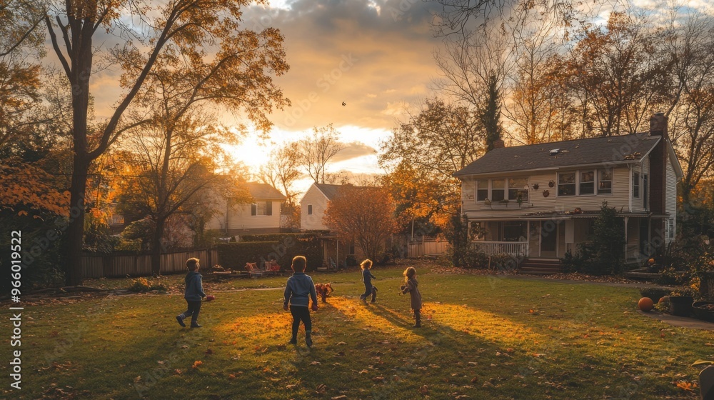 Wide angle shot of children playing in a backyard during a retro Thanksgiving, with a classic 1950s house and fall foliage in the background Wide angle shot of children playing in a backyard during a retro Thanksgiving, with a classic 1950s house and fall foliage in the background