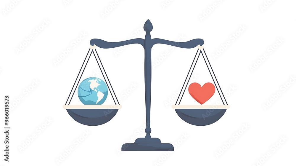 Global Compassion and Equality Concept with Balanced Scale, Globe, and Heart Symbols on White Background Global Compassion and Equality Concept with Balanced Scale, Globe, and Heart Symbols on White Background