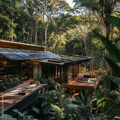 Modern home with solar panels nestled in the jungle.