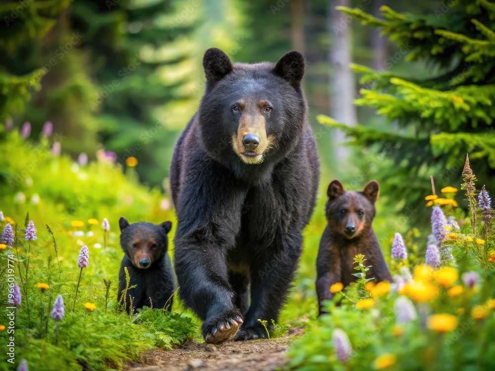 Fototapeta premium A large, fluffy black bear mama walked beside her two adorable cubs, exploring a serene forest surrounded by lush greenery and vibrant wildflowers.
