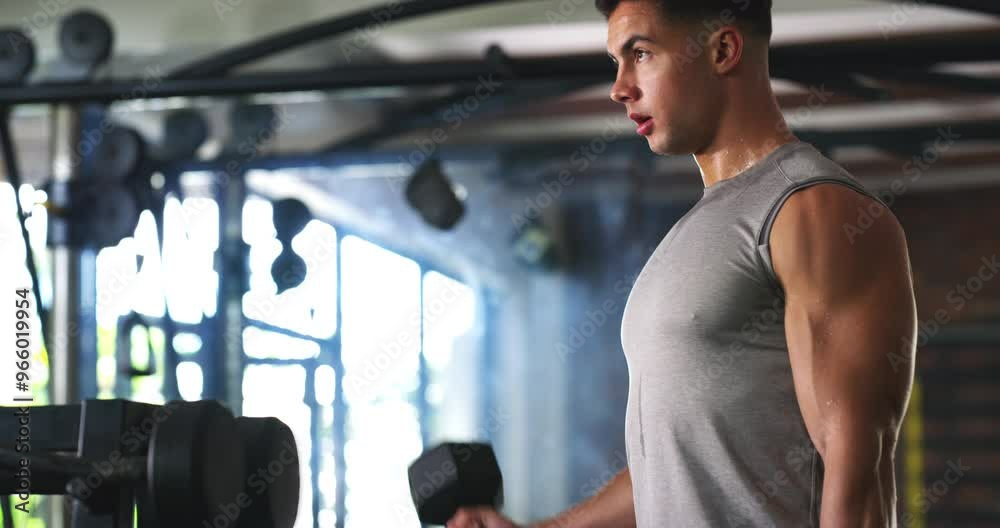 Strong man, bodybuilder and dumbbell in gym for fitness, workout and exercise with power, resilience and strength. Young and serious person with training gear and weightlifting for muscle health