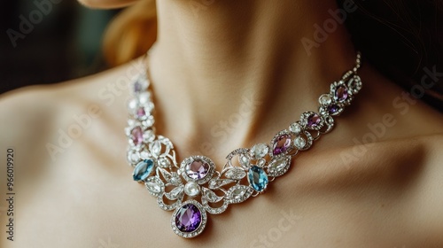 Close-up of a silver necklace with amethyst, aquamarine, and white gemstones on an elegant woman's neck, highlighting the intricate details.