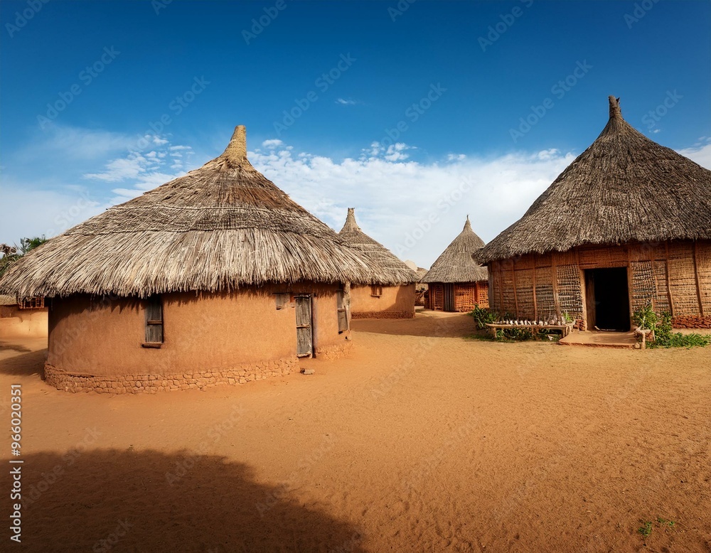 Traditional African village houses with intricate geometric patterns and thatched roofs