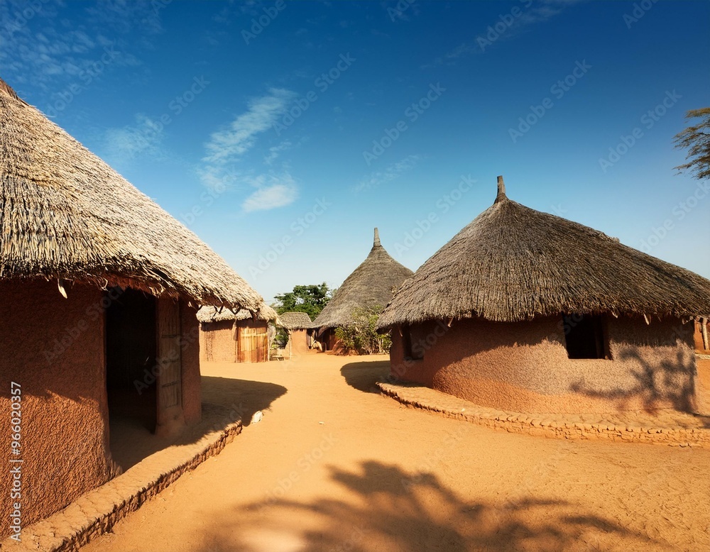 Traditional African village houses with intricate geometric patterns and thatched roofs Traditional African village houses with intricate geometric patterns and thatched roofs