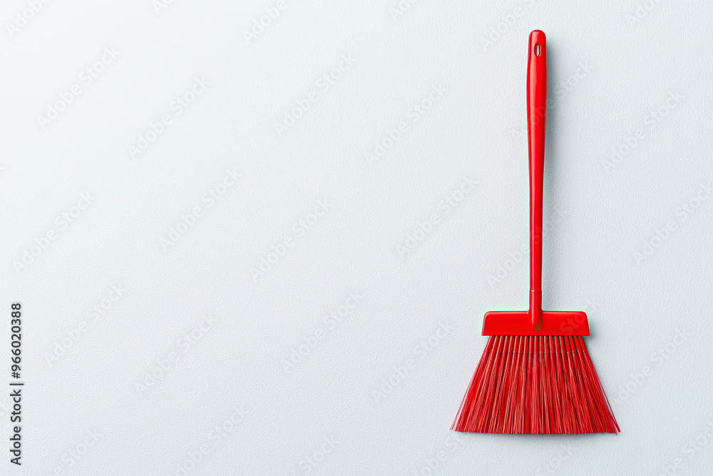 A vibrant red broom against a light background, ideal for cleaning, home improvement, or artistic themes in stock photography. A vibrant red broom against a light background, ideal for cleaning, home improvement, or artistic themes in stock photography.