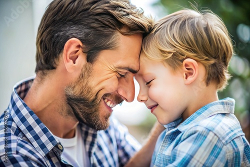 A Loving Father And His Young Son Are Sharing A Tender Moment, Their Faces Radiating Happiness And Warmth.