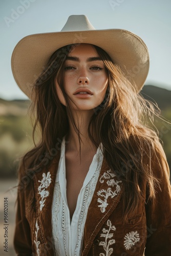 Boho Chic: Woman in Cowboy Hat and Embroidered Jacket