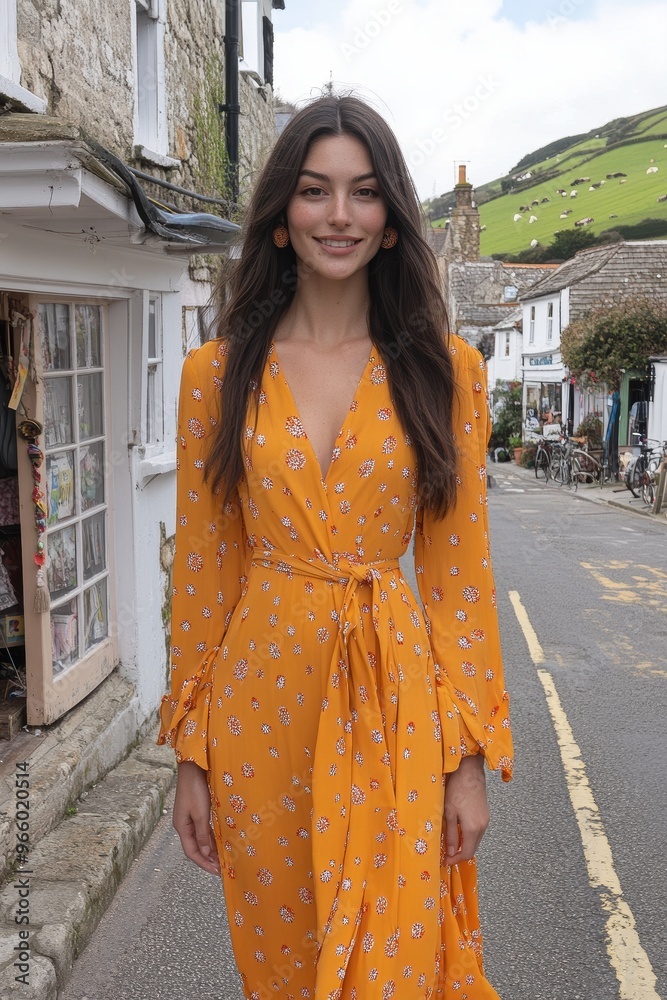 Charming Woman in Yellow Dress Walking Down a Village Street Charming Woman in Yellow Dress Walking Down a Village Street