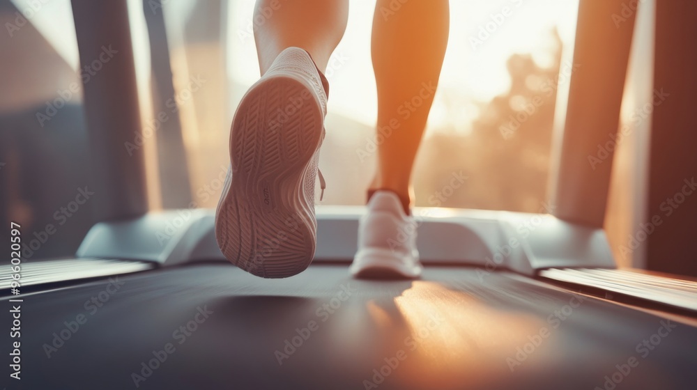 woman's feet running on a treadmill, symbolizing fitness, determination, and a healthy lifestyle. The image captures the motion and dedication involved in regular exercise woman's feet running on a treadmill, symbolizing fitness, determination, and a healthy lifestyle. The image captures the motion and dedication involved in regular exercise